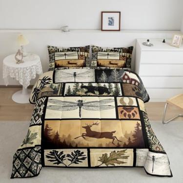 Imagem de Conjunto de edredom rústico com urso, veado, tamanho queen, asteca ocidental, para crianças, meninos, meninas, vintage, cabana, animal, edredom geométrico, floresta, engraçado, libélula, decoração de