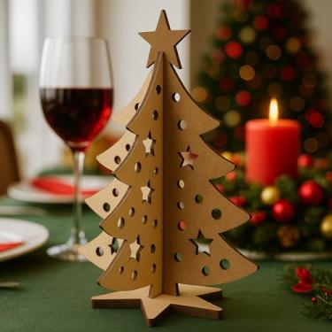 Imagem de Decoração de Natal Mini Árvore Decorativa Natalina em MDF com Detalhes Vazados Enfeite Artesanal para Mesa e Festa de Natal
