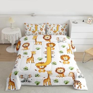 Imagem de Feelyou Jogo de cama fofo de berçário, macio, para meninos e meninas, com letra J, desenho de leão, girafa, edredom de microfibra, alfabeto, vida selvagem, 2 peças com 1 fronha