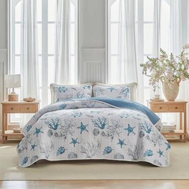 Imagem de Conjunto de colcha costeira de 3 peças, tamanho casal/queen – Colchas reversíveis de microfibra estilo oceano com 2 fronhas macias e leves para praia, colcha náutica, edredom de verão para todas as