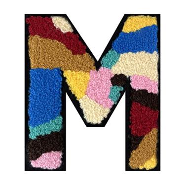 Imagem de 1 peça de 11,4 cm colorido camuflagem chenille remendo com borda preta Camuflagem divertida ferro em letras para jaquetas e mochilas, adesivos modernos do alfabeto para bricolage, moda e presentes (M)