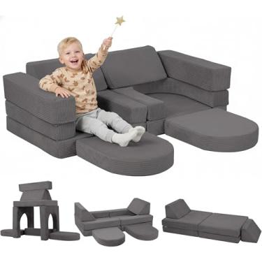 Imagem de MeMoreCool Sofá modular infantil de 10 peças — Conjunto de sofá de espuma conversível de veludo cotelê cinza escuro para edifício forte, descanso e brincadeiras criativas, capas laváveis, móveis de