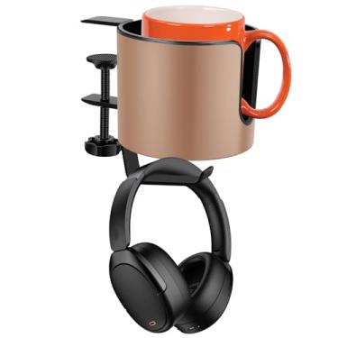 Imagem de XYDHQS Suporte de copo de mesa, suporte de caneca 2 em 1 com gancho de fone de ouvido, clipe antiderrapante ajustável, acessórios de mesa de jogos multifuncionais para canecas de café, garrafas de