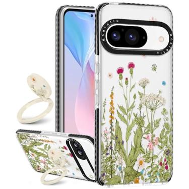 Imagem de Boaretiu Capa fofa Kawaii para Google Pixel 9/9Pro com suporte - Design moderno de suporte de anel giratório 360° para mulheres meninas femininas para Google Pixel 9/9Pro, flor