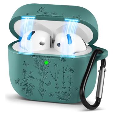 Imagem de Boaretiu Capa para Airpods 4 – Capa de silicone 3D, elegante, fofa, simples, Kawaii, exclusiva com mosquetão para mulheres, meninas, feminino, design verde escuro para Airpod 4, estampa floral
