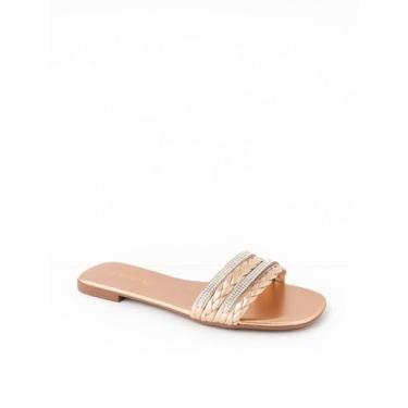 Imagem de Sandália Feminina Rasteirinha Femmy Strass Trança Color, Cobre, 37