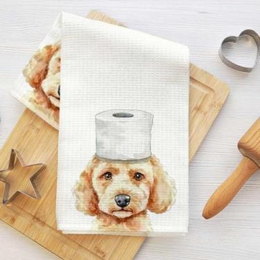 Imagem de Toalhas de cozinha fofas de cachorro Poodle e papel higiênico, toalha de prato decorativa de microfibra absorvente, toalhas de mão de waffle para cozinha, casa, banheiro, presentes para amantes de