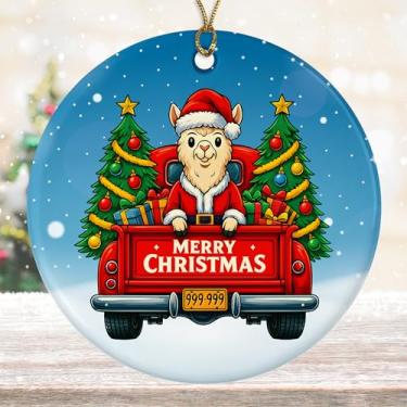 Imagem de DamienBrightGift Enfeite de Natal de Papai Noel de lhama - Caminhão vermelho de cerâmica com decoração de árvore - Presente de lembrança de feriado de alpaca fofo - Decoração de Natal de animais de