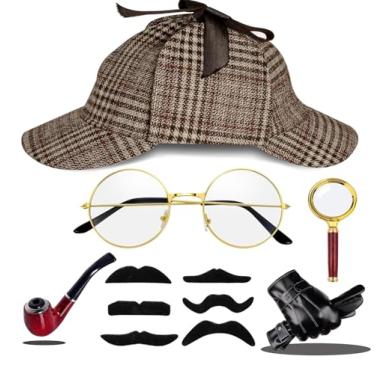 Imagem de wevgbv Conjunto de acessórios de fantasia de detetive, fantasia de chapéu de detetive para adultos, homens e mulheres, fantasias de espião de Halloween, Marrom-11, Tamanho Único