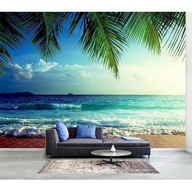 Imagem de WFBHUA - Papel de parede de praia mural autoadesivo Tropical Sunset Ocean Waves mural de parede para banheiro quarto 157"x108
