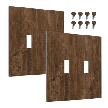 Imagem de Wmhusu Capa decorativa para interruptor de luz marrom rústico grão de madeira placa de parede 2 gangues placa de interruptor duplo receptáculo tampa de tomada elétrica placa de interruptor para