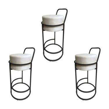 Imagem de Kit 3 Banquetas Alta Redonda Base Preta Veludo Bege