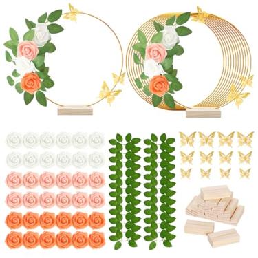 Imagem de Conjunto de 12 peças centrais de argola floral de metal de 30,5 cm com suporte, peças centrais de borboleta de mola 3D para mesas, argolas douradas com base de espuma, rosa falsa para decoração de