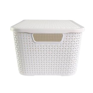 Imagem de Caixa Organizadora Rattan Premium, Plástico Resistente, 7L e 15L, com Tampa, Design Trançado, para Roupas, Brinquedos e Escritório, Preto, Branco e Terracota (Branca, 7 Litros)