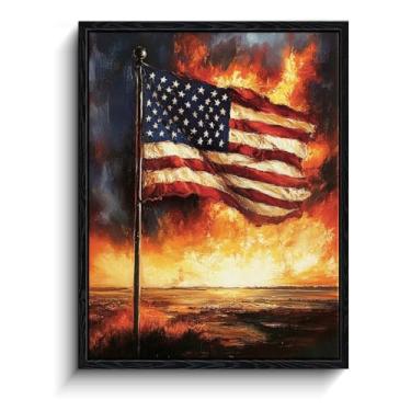 Imagem de Arte de parede com bandeira americana, bandeira ondulada, decoração de parede patriótica, impressão em tela emoldurada com textura impasto, pôster patriótico, para presente de veteranos de sala de