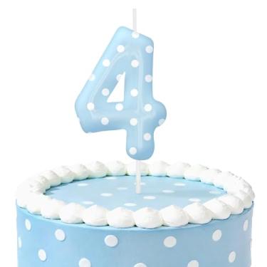 Imagem de Velas de aniversário de bolinhas azuis para bolo, velas número 4, decorações de aniversário, suprimentos de festa, topo de bolo de bolinhas para decoração de festa temática para meninos e meninas
