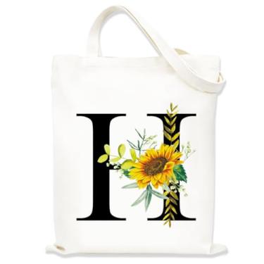 Imagem de Sacolas de lona estampadas para mulheres, sacolas de compras de lona, sacola de compras reutilizável para viagens, compras, trabalho, academia - Letra H