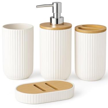 Imagem de Conjunto Saboneteira e Acessórios para Banheiro 4 Peças Branco com Bambu Kit Inclui Porta Sabonete Líquido Porta Escova Copo e Saboneteira Desing Premium