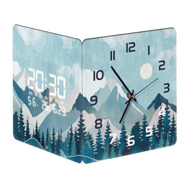 Imagem de SCOAGE Relógio de parede digital de canto com temperatura e umidade semana grande exibição selvagem montanha quadrada luz noturna LED relógio silencioso funciona com bateria para quarto, sala de estar