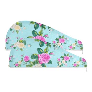 Imagem de SEHANY Toalha de cabelo de microfibra Elegant Roses para mulheres, 2 peças, turbantes de cabelo de secagem rápida com botão, touca de cabelo seco absorvente toalha de secagem de cabelo para cabelos