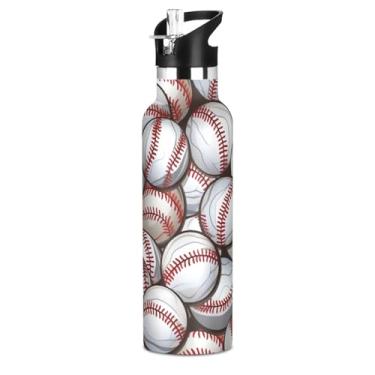 Imagem de Blueangle Garrafa de água de 590 ml com canudo - Garrafa de água esportiva de aço inoxidável sem BPA, design de padrão de bolas de beisebol à prova de vazamento para academia, atividades ao ar livre
