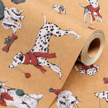 Imagem de Merture Rolo de papel de embrulho Kraft de Natal – 43 cm x 80 metros, cachorro dálmata com cachecol e decorações de osso, vermelho, verde, presente para celebração de Natal