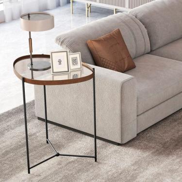 Imagem de Mesa Lateral com Borda em Couro Sintético com Espelho e Pés em Ferro Castanho/Preto