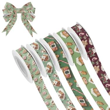 Imagem de SEHANY 5 rolos de fita de Natal 0,59 polegadas 5 jardas fitas de tecido de gengibre de Natal fitas de cetim festivas fitas decorativas de Natal para embrulho de presente faça você mesmo artesanato