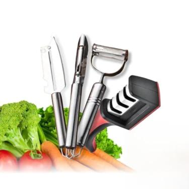 Imagem de Kit 3 Descascadores Inox para Legumes com Amolador Afiador Profissional de Facas, Aço Inoxidável, 3 em 1.