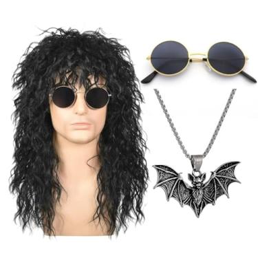 Imagem de YWMAN Conjunto de fantasia de Halloween dos anos 80 com peruca preta longa, óculos de sol redondos, colar com pingente de morcego, corrente de aço inoxidável, 50 cm
