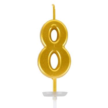 Imagem de Vela de bolo de feliz aniversário número - Vela CARGEN com placa de base para decoração de bolos em festas de aniversário e comemorações de aniversário de casamento, dourada, número 8