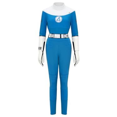 Imagem de VOKVICH Invisible Woman Cosplay Costume Susan Storm Richards Hero Jumpsuit Gloves Gauntlets Belt Outfit for Adult Halloween Party (Blue, Small)