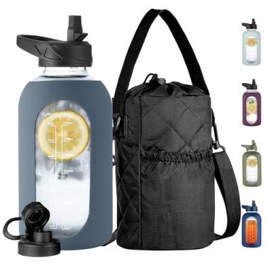 Imagem de CIVAGO Garrafa de água de vidro de 1,8 litro com canudo e suporte de garrafa isolado, jarro de água motivacional de 1,8 l com marcador de tempo e manga de silicone, frasco de água com 2 tampas, azul