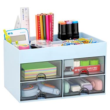 Imagem de LETURE Organizador de mesa de escritório com gaveta, organizador de mesa, caneta/lápis/cartão de visita/bandeja de anotações/suporte de clipe de papel (azul)