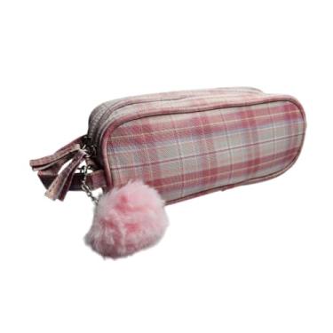 Imagem de Estojo Necessaire Duplo Xadrez Rosa Pompom Escola Maquiagem