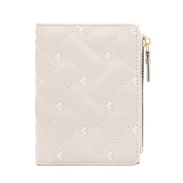 Imagem de defway Carteira feminina pequena e fina com bordado de coração, compacta com compartimentos para cartões e janela para identidade, material de PVC durável, presente para ela, Branco, Casual