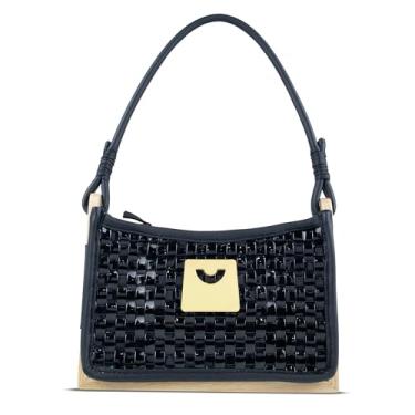 Imagem de Xách Bolsa feminina de couro legítimo brilhante com moldura de madeira - padrão xadrez preto e branco, Preto