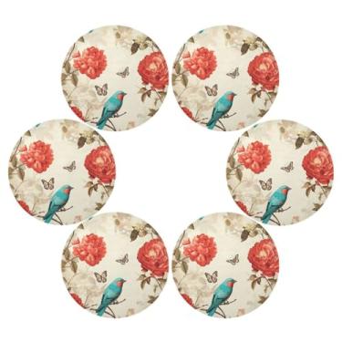 Imagem de Wassud Jogo americano conjunto de 6 tapetes redondos de pássaros e flores turquesa para cozinha e jantar, tapetes laváveis e resistentes ao calor, decoração de mesa 39 cm