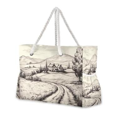 Imagem de Wassud Bolsa de praia grande para mulheres, cabana de montanha, impermeável, à prova de areia, bolsa de viagem com zíper e bolso para piscina, academia, acampamento