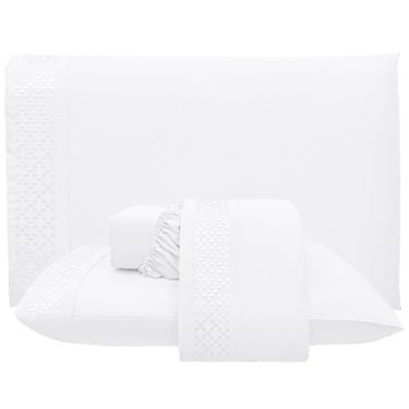 Imagem de Jogo De Lençol Queen Quadratto Bordado 300 Fios Micropercal 4 Peças Branco - 100% Poliester