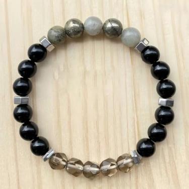 Imagem de Pulseiras elásticas com contas para mulheres, obsidiana preta, labradorita, pirita, presente perfeito para proteção forte, One Size, Pedra, Sem Pedra Preciosa