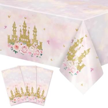 Imagem de Avikosi Toalha de mesa retangular descartável castelo princesa de 3 peças 137 x 272 cm – capa de mesa retangular descartável rosa e dourado para festas de aniversário, chás de bebê e celebrações de