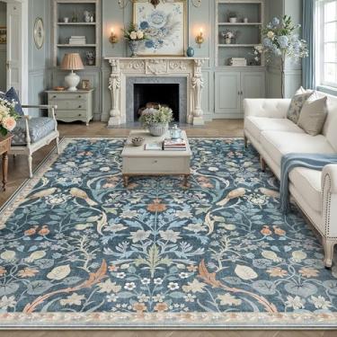 Imagem de WondRg Tapete floral lavável 20 x 25 cm para sala de estar, azul claro, antiderrapante, macio, vintage, pilha baixa, tapete grande, resistente a manchas, quarto, sala de jogos, escritório, sala de