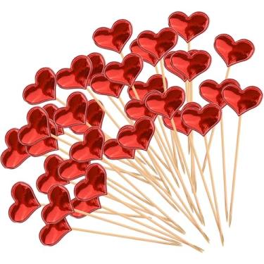 Imagem de 100 palitos de coquetel de coração vermelho, palitos de coração de 4,7 polegadas para aperitivos, picaretas de comida de bambu chiques, bebidas, enfeite de palitos de frutas para dia dos namorados