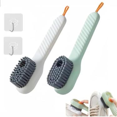 Imagem de 1 escova de sapato verde com recipiente de líquido, escova de limpeza de sapatos multifuncional, escova de sapatos doméstica, escova de limpeza de cabo longo tipo pressão, ferramenta de escova de