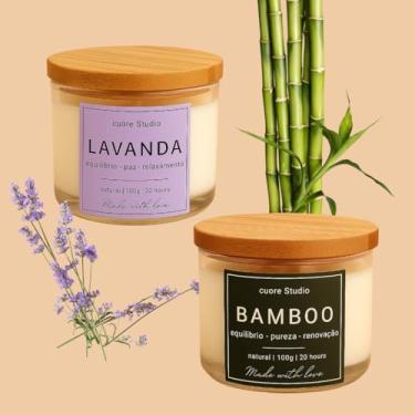 Imagem de Cuore Studio Vela Aromática Perfumada Natural, Kit com 2, Chá Branco, Vanilla, Baunilha, Alecrim, Lavanda, Capim Limão, Bamboo, Cereja e Avelã, Jasmim, 100g cada (Lavanda e Bamboo)