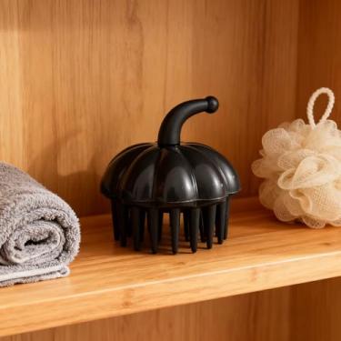 Imagem de 1 pente de massagem portátil para couro cabeludo – escova em forma de abóbora para massagem de cabeça de xampu, escova de limpeza unissex para cabeça de chuveiro (preto)