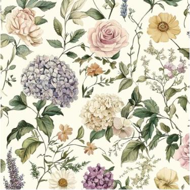 Imagem de HeloHo Papel de parede floral vintage floral para contato floral boho flor botânica papel de parede removível autoadesivo casa de fazenda papel de parede para armários banheiro quarto vinil 43,9 cm x