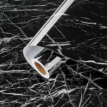 Imagem de Skyblur Papel de contato de mármore preto à prova d'água papel de parede de mármore descascar e colar papel de contato preto brilhante para bancadas cozinha armários Backsplash vinil removível papel