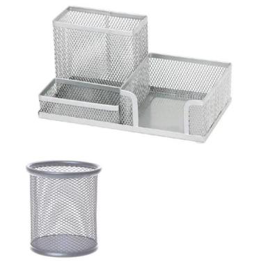 Imagem de Porta Lapís, Caneta, Clips, Lembrete, Aramado, Prata, c/ Porta Treco -